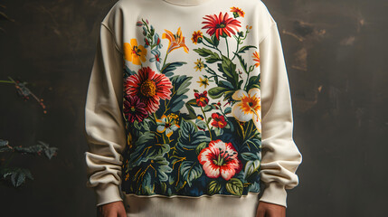 Close-up of a detailed floral embroidery design on a white stylish sweater against a dark background