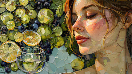A colorful digital artwork featuring a woman surrounded by grapes, lemons, and a glass of water