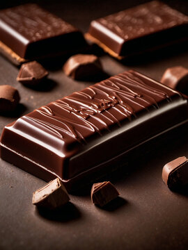 Primer plano de tableta de chocolate selecto con trozos partidos sobre fondo oscuro.