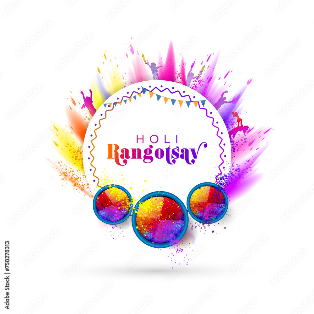 Sticker indian holi rangotsav color festival greeting card design. fun, party and celebration background.