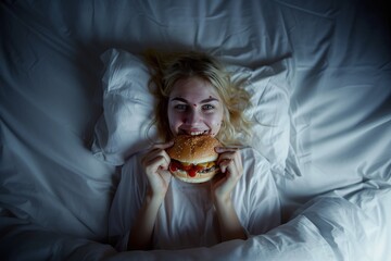 Smiling girl eating burger in bed