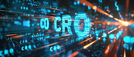 Digital blue matrix binary code forms the acronym CRO , symbolizing the concept of Conversion Rate Optimization. - obrazy, fototapety, plakaty