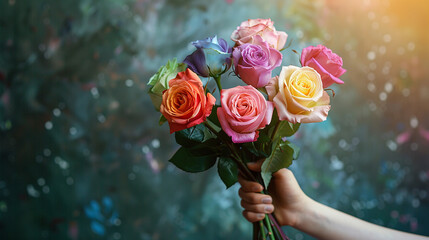 mão segurando um buquê de rosas coloridas, orgulho LGBT, - obrazy, fototapety, plakaty