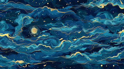 An artistic cosmic landscape with swirling blue patterns and golden accents.