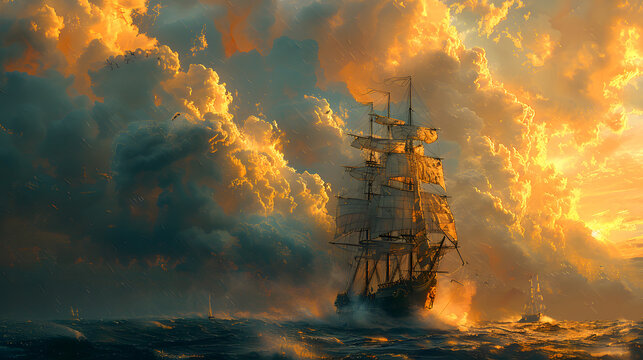 A majestic sailing ship battles fierce winds amidst a sea of dramatic, stormy golden clouds at sunset
