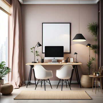 Frame mockup, ISO A paper size. Home Office wall poster mockup. Interior mockup with office background. Modern interior design. 3D render