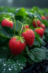 Strawberries growing on the ground. Close up of red strawberries on a bush in the garden.