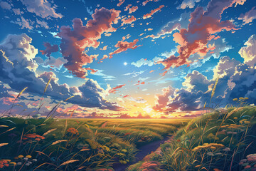 Fototapeta na wymiar path inside of a field with sunset, art illustration
