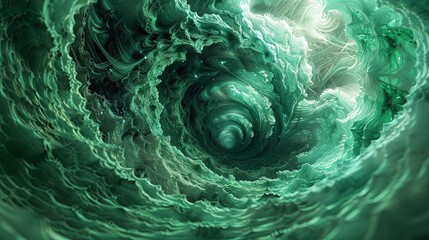 An emerald green abstract vortex spins with dynamic energy, creating a hypnotic and captivating background.
