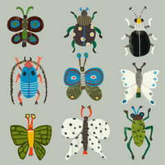 Butterflys dragonfly and ladybug. watercolor painting vector of cute insect. isolated animal illustration.