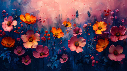 Dreamy scene with an artistic interpretation of blooming flowers against a dynamic textured background