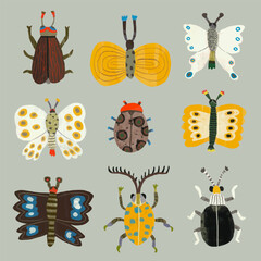 Butterflys dragonfly and ladybug. watercolor painting vector of cute insect. isolated animal illustration.