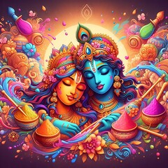 A colorful illustration depicting the divine love between Radha and Krishna during the Holi festival - obrazy, fototapety, plakaty