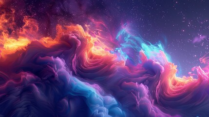 An abstract cosmic nebula swirls with vivid pink, purple, and blue hues, resembling a dynamic space scene.
