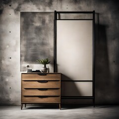 Wooden cabinet standing elegantly against a minimalist concrete wall