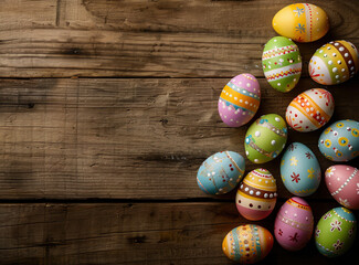 Obraz na płótnie Canvas Colorful Easter eggs on wooden background with copy space, top view