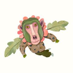  Flying monkey. kid illustration. watercolor vector. animal wildlife.