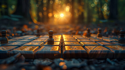 Golden hour sunlight piercing through the trees, casting a warm glow on a strategically arranged chessboard - obrazy, fototapety, plakaty