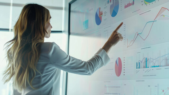 Professional woman analyzing data charts on a modern interactive display.