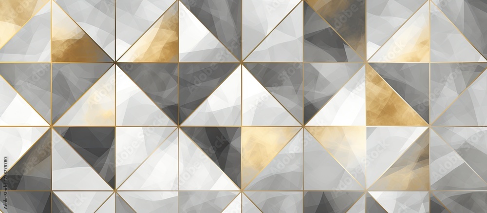 Sticker a closeup shot of a symmetrical grey and gold triangle pattern on a wall, showcasing a stunning geom