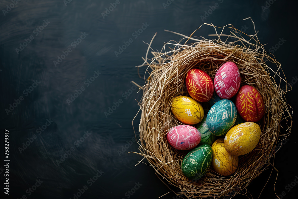 Wall mural colorful easter eggs in a straw nest on a black background