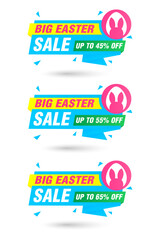 Big Easter sale. Blue origami labels set. Sale 45%, 55%, 65% off discount