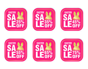 Easter sale stickers pink set. Sale 25%, 35%, 45%, 55%, 65%, 75% off discount