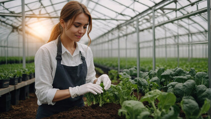 Naklejka na ściany i meble beautiful woman Wearing a white long-sleeved shirt and gloves, planting vegetables and looking at the camera. The background is a house. 