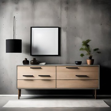 Wooden cabinet standing elegantly against a minimalist concrete wall