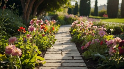 Flower garden and stone paved walkway,low angle shot 