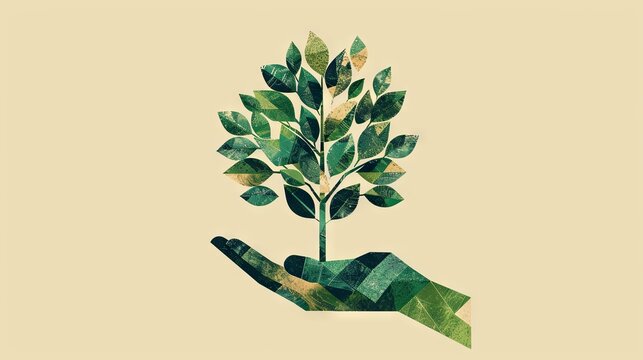 Conceptual artwork of a hand holding a young tree with a warm sun in the background symbolizing growth and care.