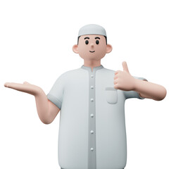 3D render portrait of muslim people with skullcap. Happy young adult man pointing and showing product to the side. Eid mubarak Concept.