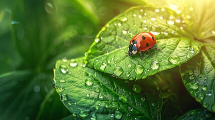 Fototapeta premium A bright red ladybug explores a green leaf dotted with fresh morning dew, highlighted by a sunbeam.