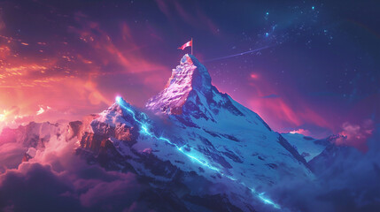 Glowing path leading to success concept with flag on peak of mountain.