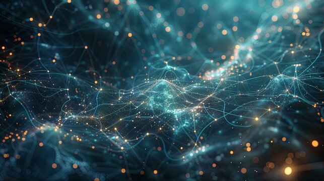 An abstract representation of a neural network with electric blue lights and dynamic energy sparks on a dark background.