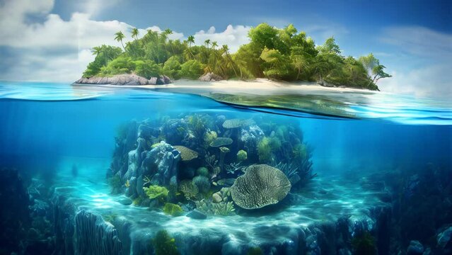 Tropical island in the sea and water line with beautiful corals and plants and algae underwater