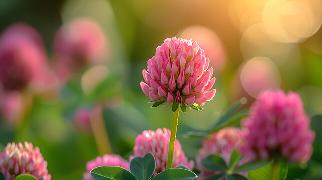 Radiant pink clover flowers stand out in a field, beautifully backlit by a golden sunset that adds a dreamy glow to the scene