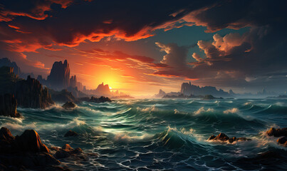 Natural landscape, sailing frigate at sunset, dawn.