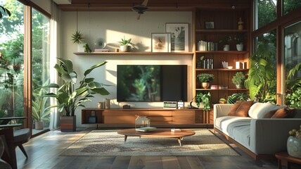This interior design photo captures a modern living room embracing Scandinavian minimalism, featuring minimalist furniture, abundant natural light, and strategically placed plants for a serene ambianc