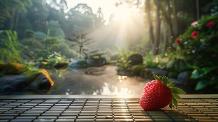A single ripe strawberry on a bamboo mat with a soft-focus natural green bamboo background and sunlight filtering through. - obrazy, fototapety, plakaty