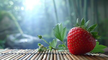 A single ripe strawberry on a bamboo mat with a soft-focus natural green bamboo background and sunlight filtering through. - obrazy, fototapety, plakaty