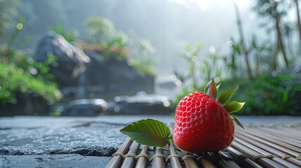 A single ripe strawberry on a bamboo mat with a soft-focus natural green bamboo background and sunlight filtering through.