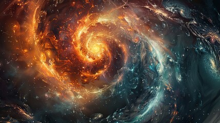 A vivid portrayal of a swirling spiral galaxy, ablaze with colors and cosmic energy in the vastness of space. - obrazy, fototapety, plakaty