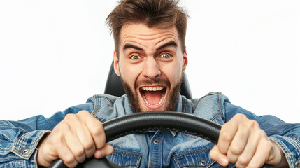 homem segurando o volante isolado, expressão engraçada, promoção para tirar carta de habilitação de motorista  - obrazy, fototapety, plakaty