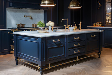 Luxurious Navy Blue Kitchen Interior With Elegant Cabinetry And Brass Accents