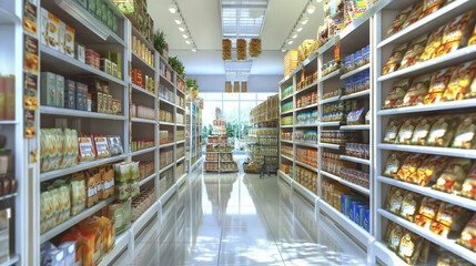 Fototapeta premium shelves store at supermarket with product goods 