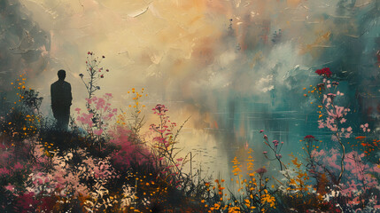 A solitary silhouette stands amidst a digitally painted serene landscape with blooming flowers and soft hues
