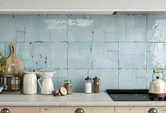 Vintage Kitchen with Peeling Blue Tiles and Modern Appliances