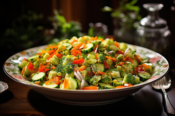 Nutritious mixed vegetable salad with broccoli, bell peppers, and cucumbers, perfect for a diet.