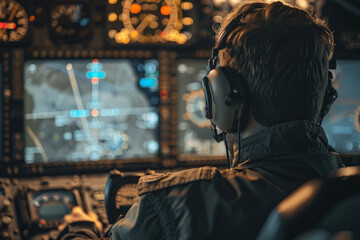 Air traffic controller is focused on navigation system displays, tracking and guiding aircraft from control center. Military dispatcher at work, coordinating aircraft flights